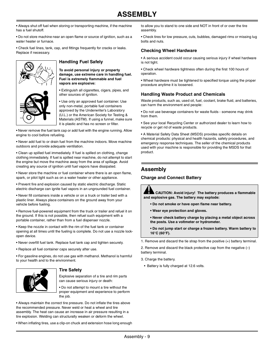 Handling fuel safely, Tire safety, Checking wheel hardware | Handling waste product and chemicals, Assembly, Charge and connect battery | John Deere la105 User Manual | Page 10 / 52