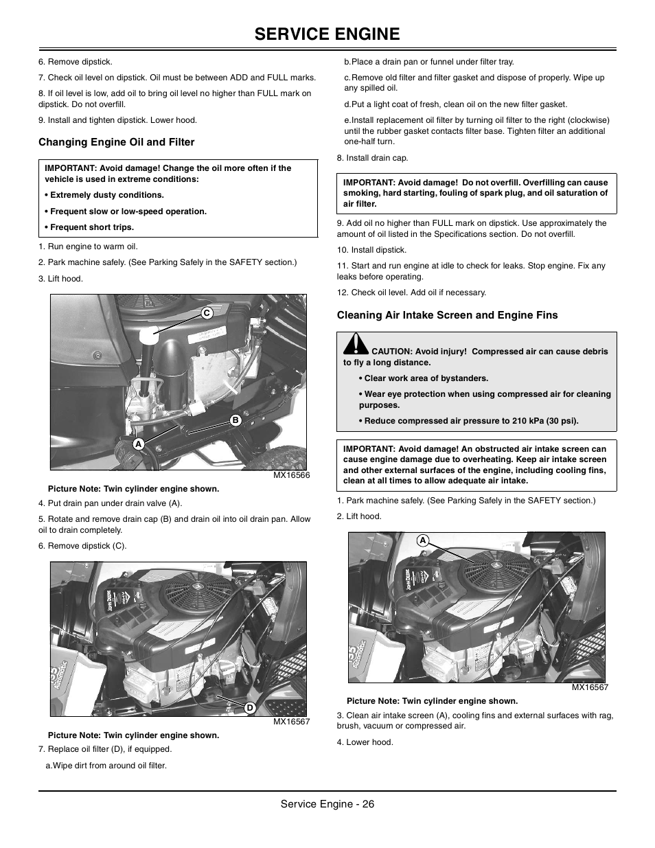 Changing engine oil and filter, Cleaning air intake screen and engine fins, Service engine | John Deere la105 User Manual | Page 27 / 52
