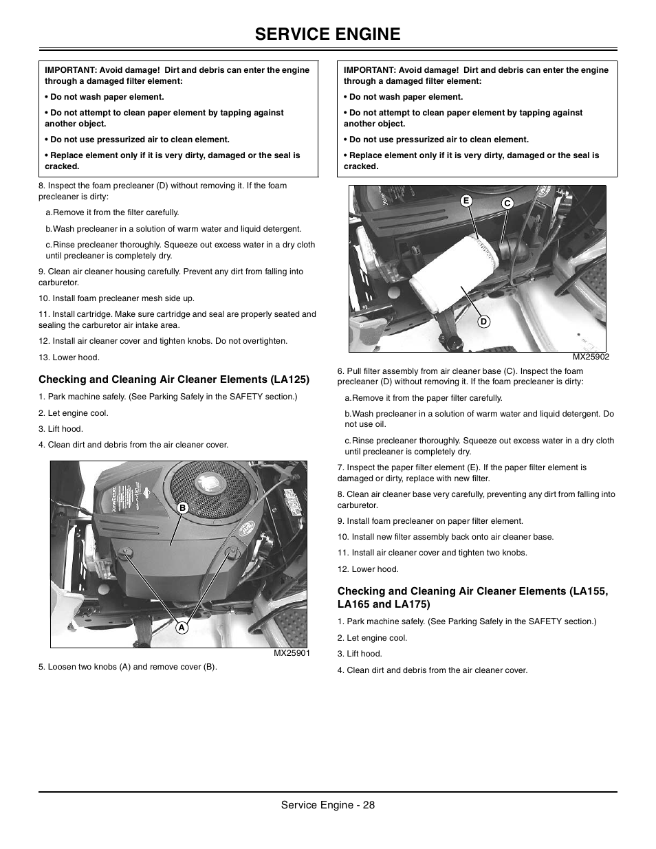 Checking and cleaning air cleaner elements (la125), Service engine | John Deere la105 User Manual | Page 29 / 52