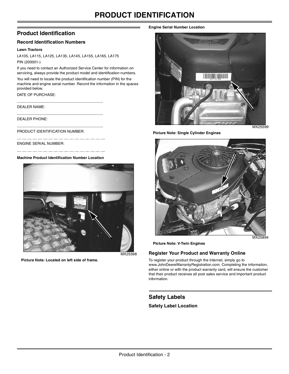 Product identification, Record identification numbers, Lawn tractors | Machine product identification number location, Engine serial number location, Register your product and warranty online, Safety labels, Safety label location | John Deere la105 User Manual | Page 3 / 52