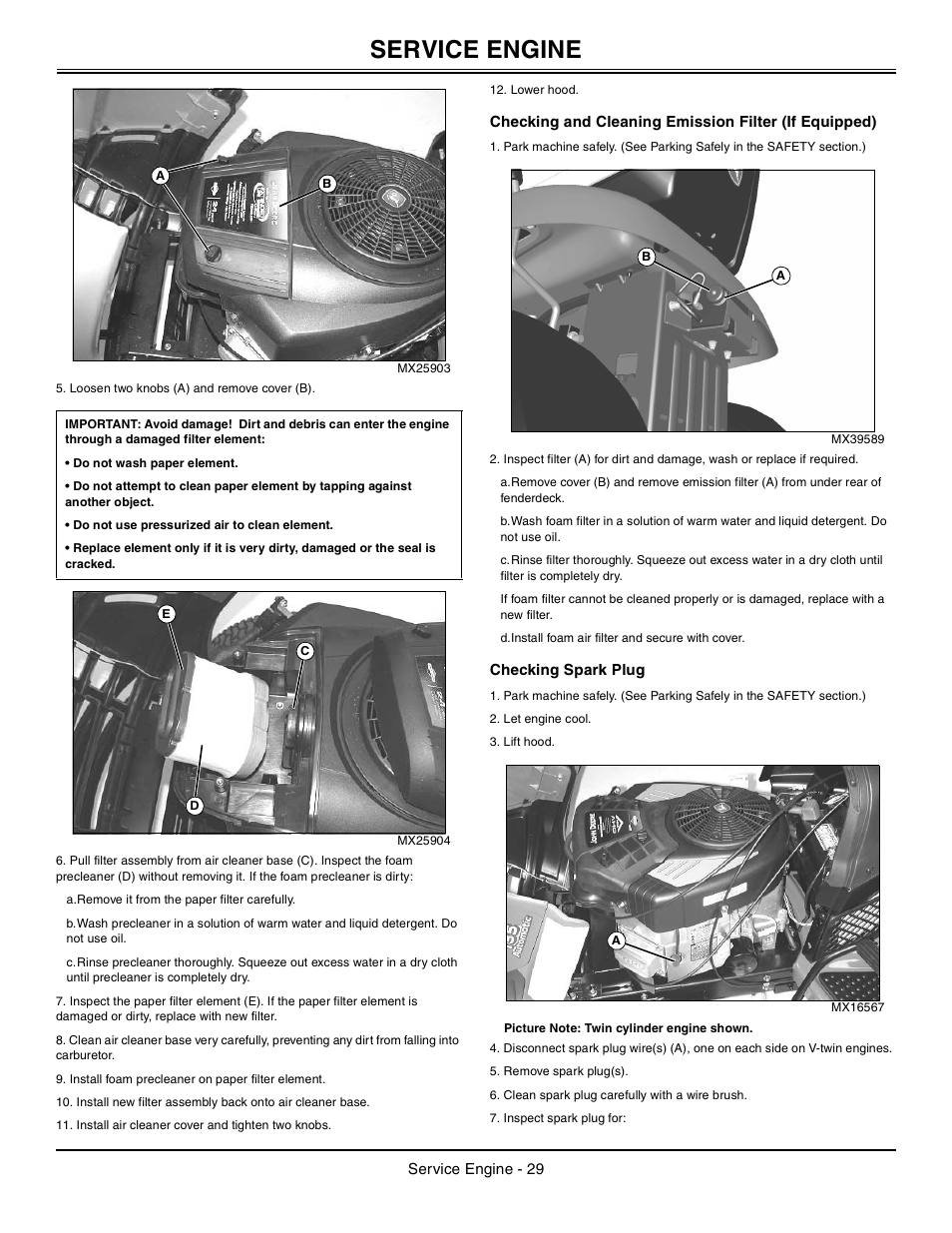 Checking spark plug, Service engine | John Deere la105 User Manual | Page 30 / 52