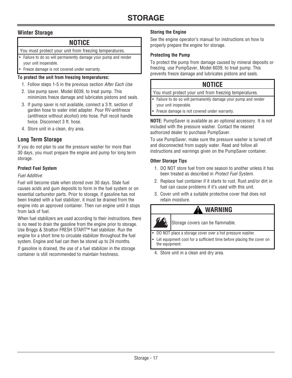 Storage, Notice, Warning | John Deere OMM156510 User Manual | Page 21 / 24
