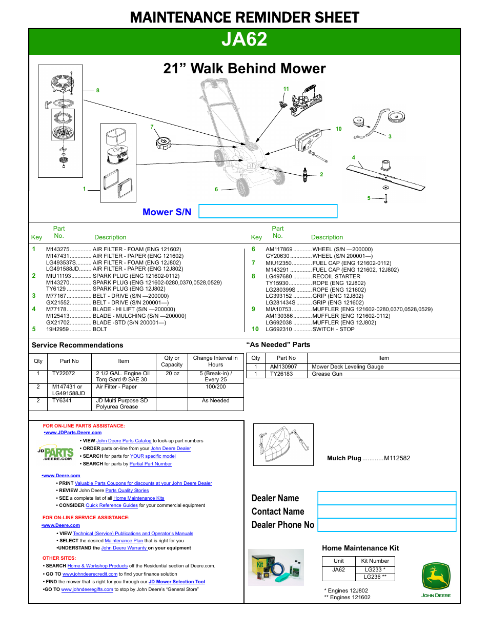 John Deere JA62 User Manual | 1 page