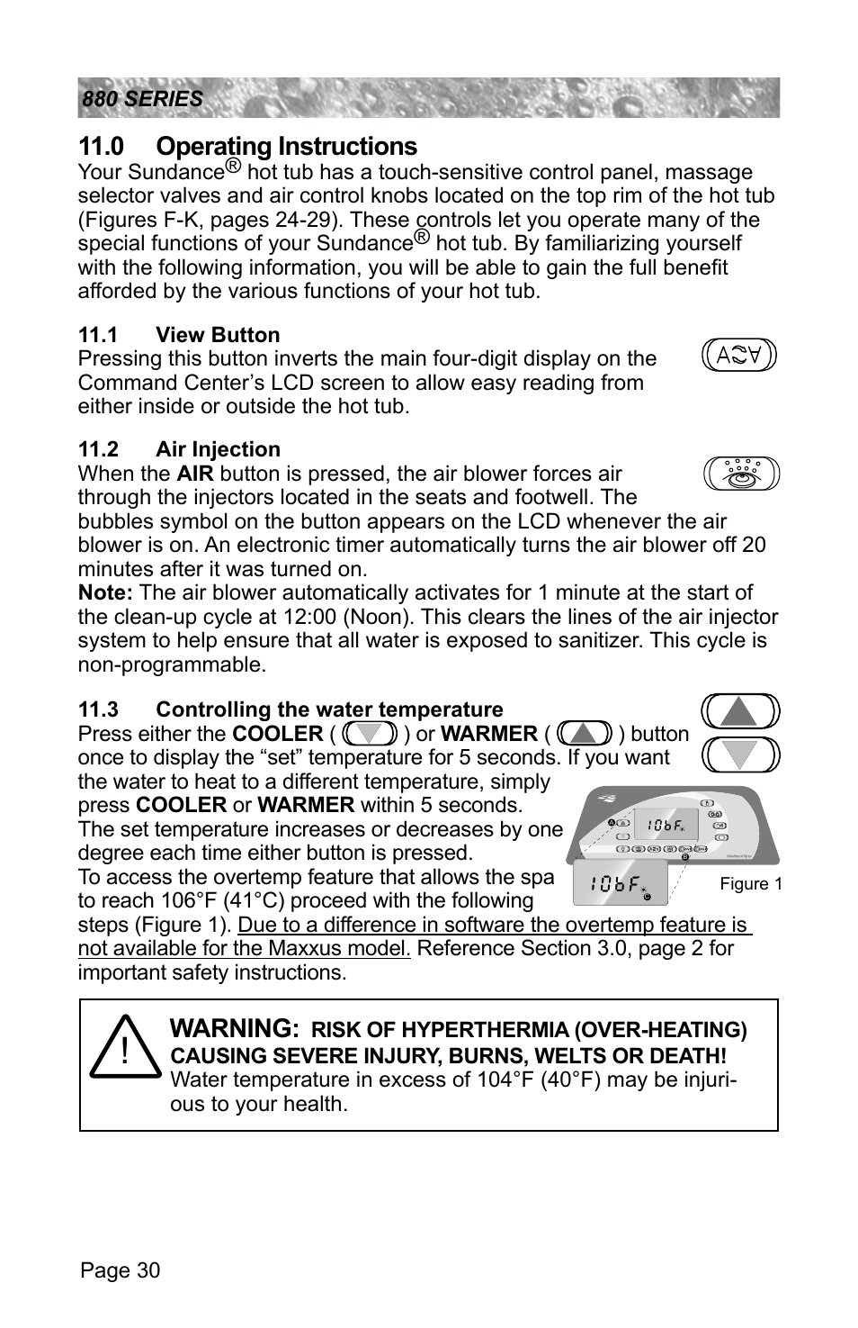 0 operating instructions, 1 view button, 2 air injection | 3 controlling the water temperature, View button, Air injection, Controlling the water temperature, Warning | Sundance Spas ALTAMAR 880 User Manual | Page 36 / 92