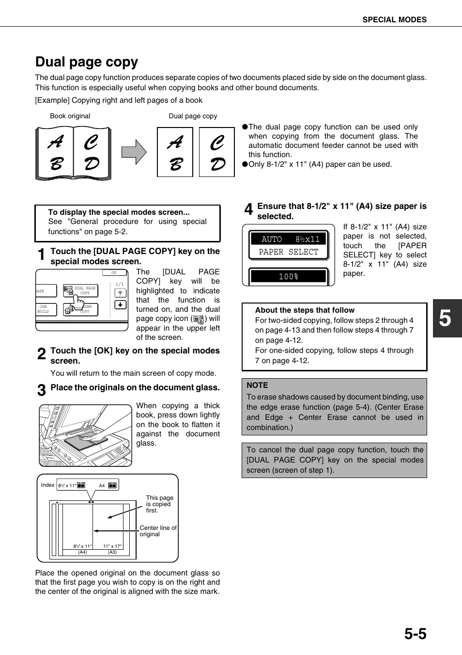 E 5-5), Dual page copy, Paper select auto 8 x11 | Sharp AR-M700N User Manual | Page 101 / 172