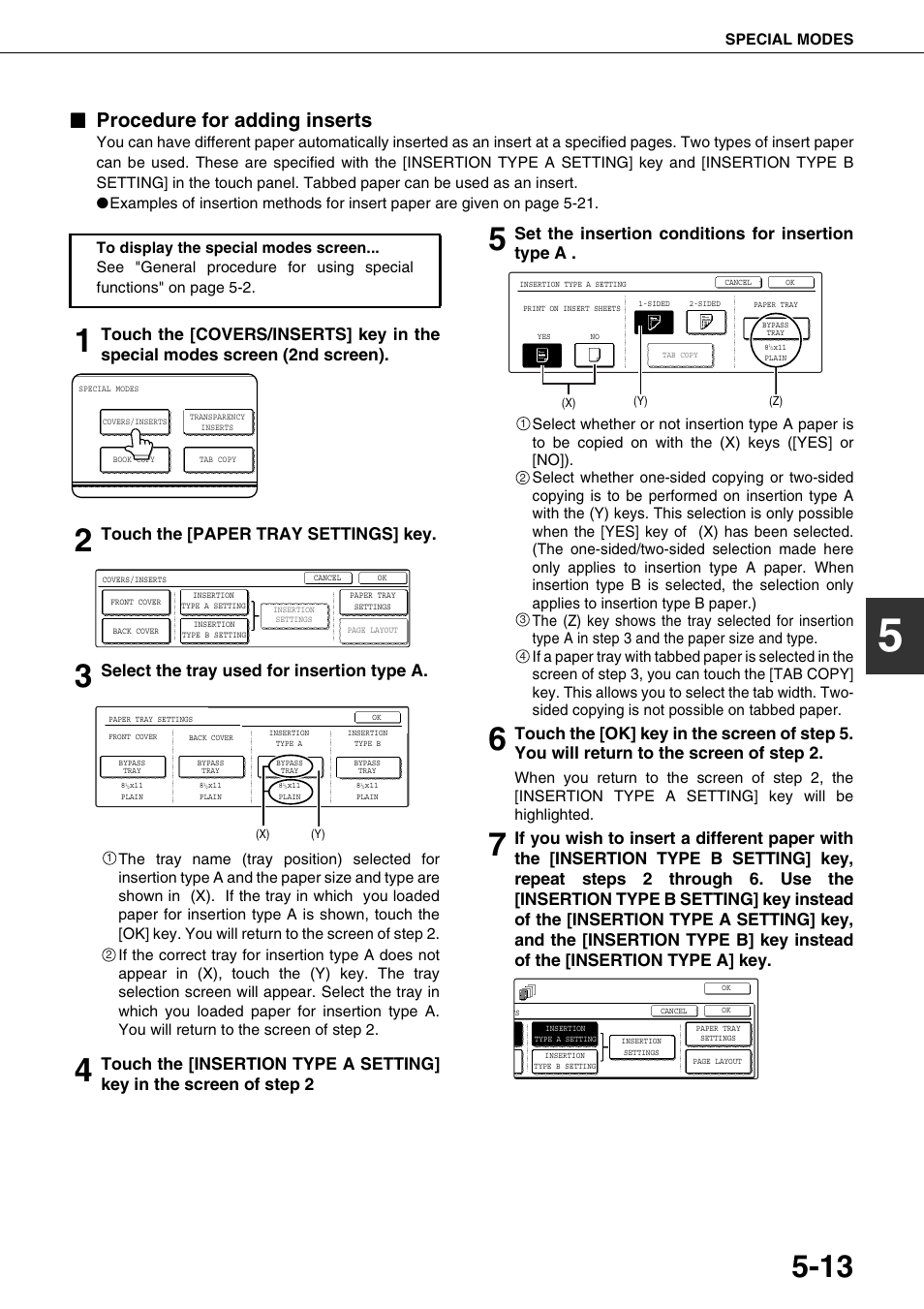 Procedure for adding inserts, Ge 5- 13, Touch the [paper tray settings] key | Select the tray used for insertion type a, Set the insertion conditions for insertion type a, Special modes | Sharp AR-M700N User Manual | Page 109 / 172
