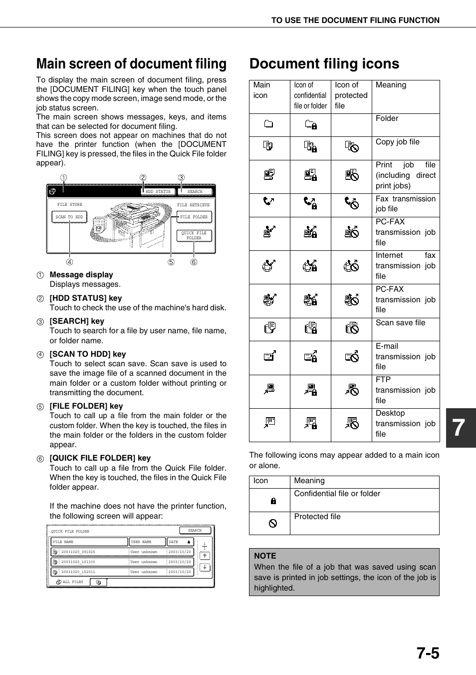 Main screen of document filing, Document filing icons | Sharp AR-M700N User Manual | Page 139 / 172