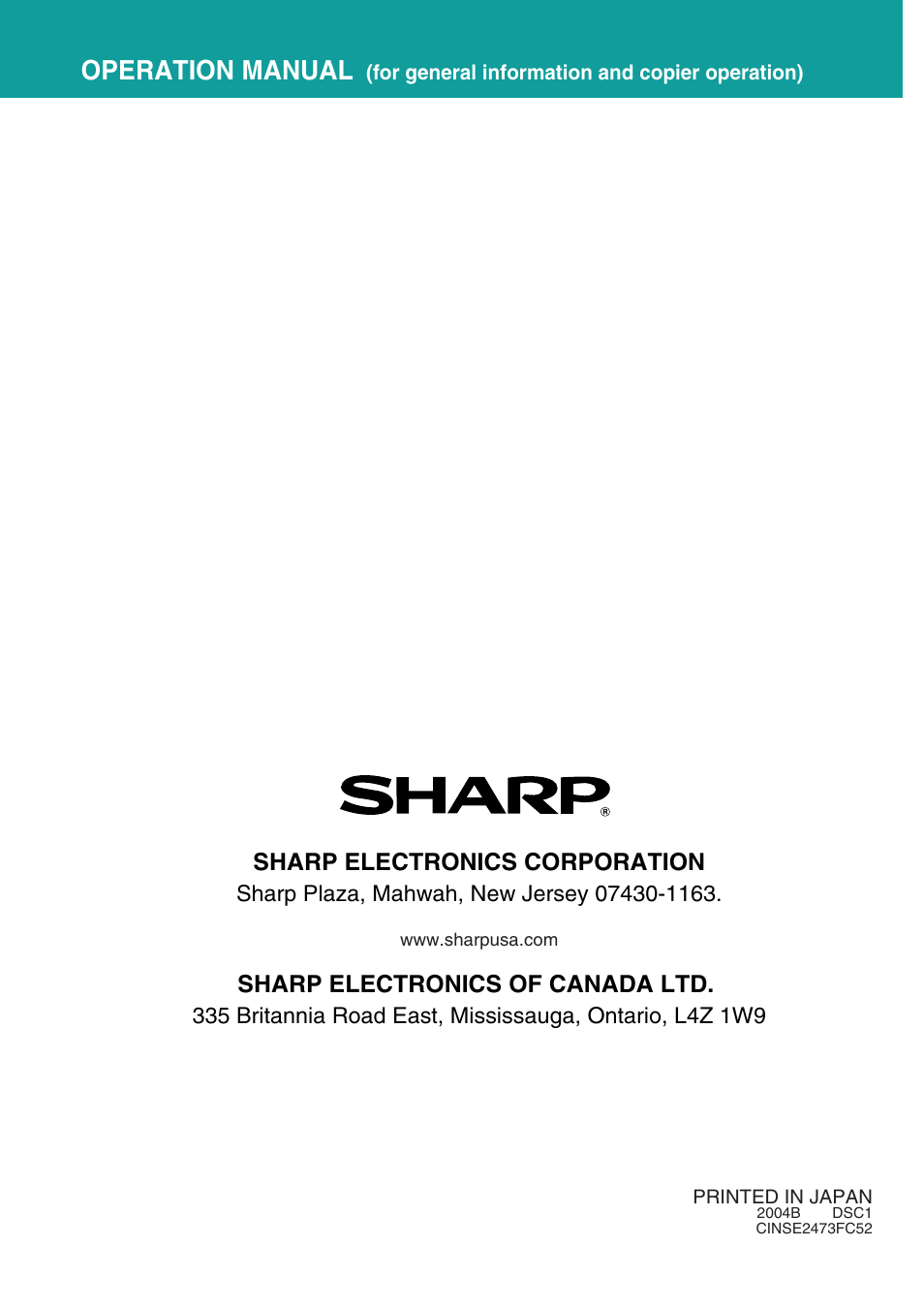 Operation manual, Sharp electronics corporation, Sharp electronics of canada ltd | Sharp AR-M700N User Manual | Page 172 / 172