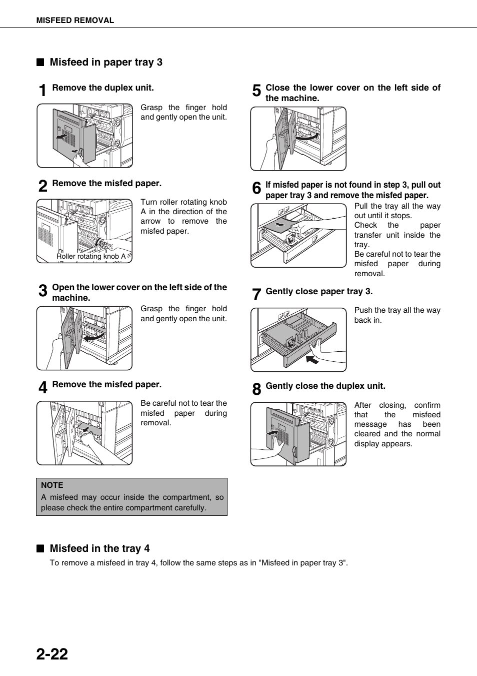 Misfeed in paper tray 3, Misfeed in the tray 4 | Sharp AR-M700N User Manual | Page 50 / 172