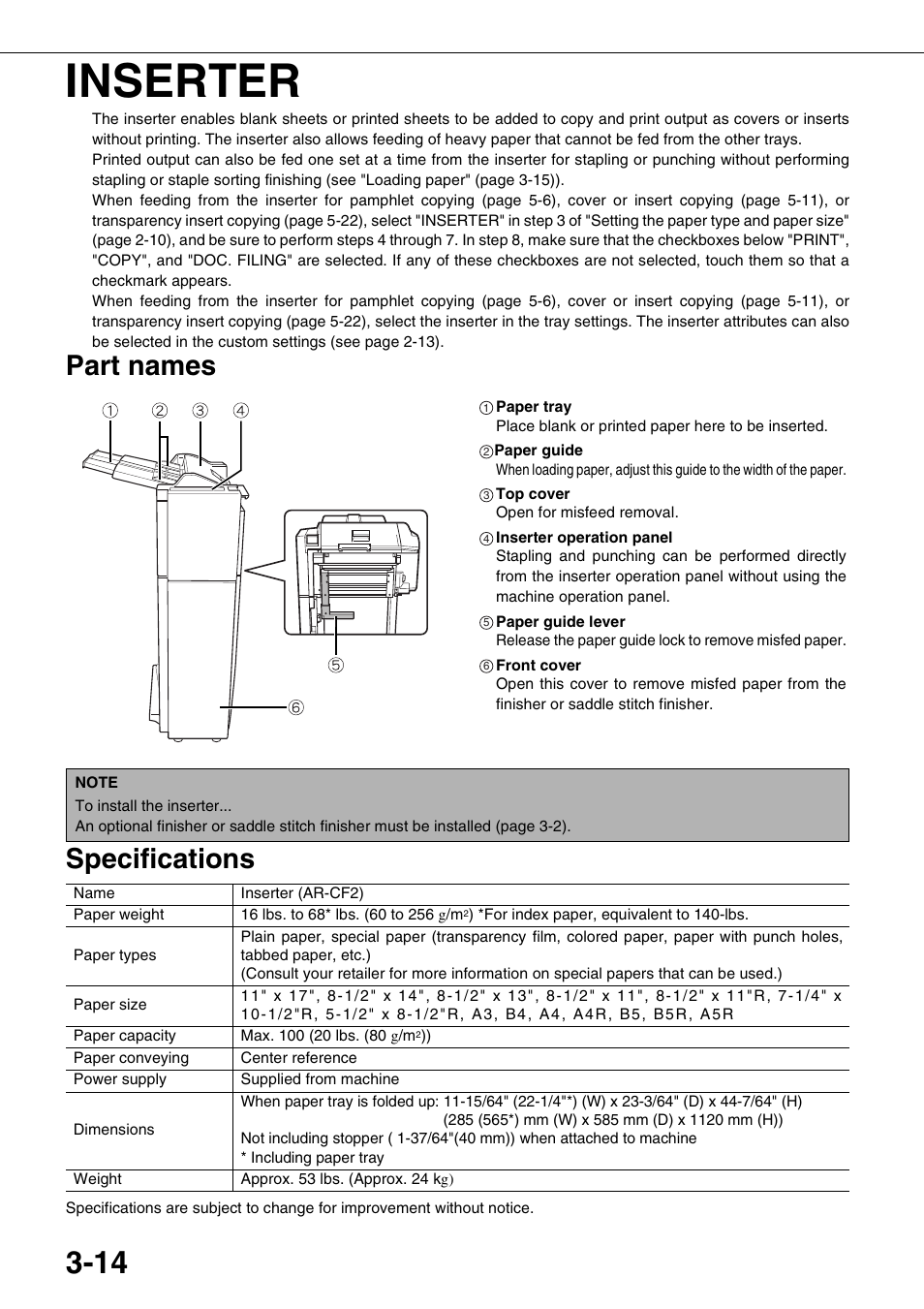 Inserter, Part names, Specifications | Part names specifications | Sharp AR-M700N User Manual | Page 70 / 172