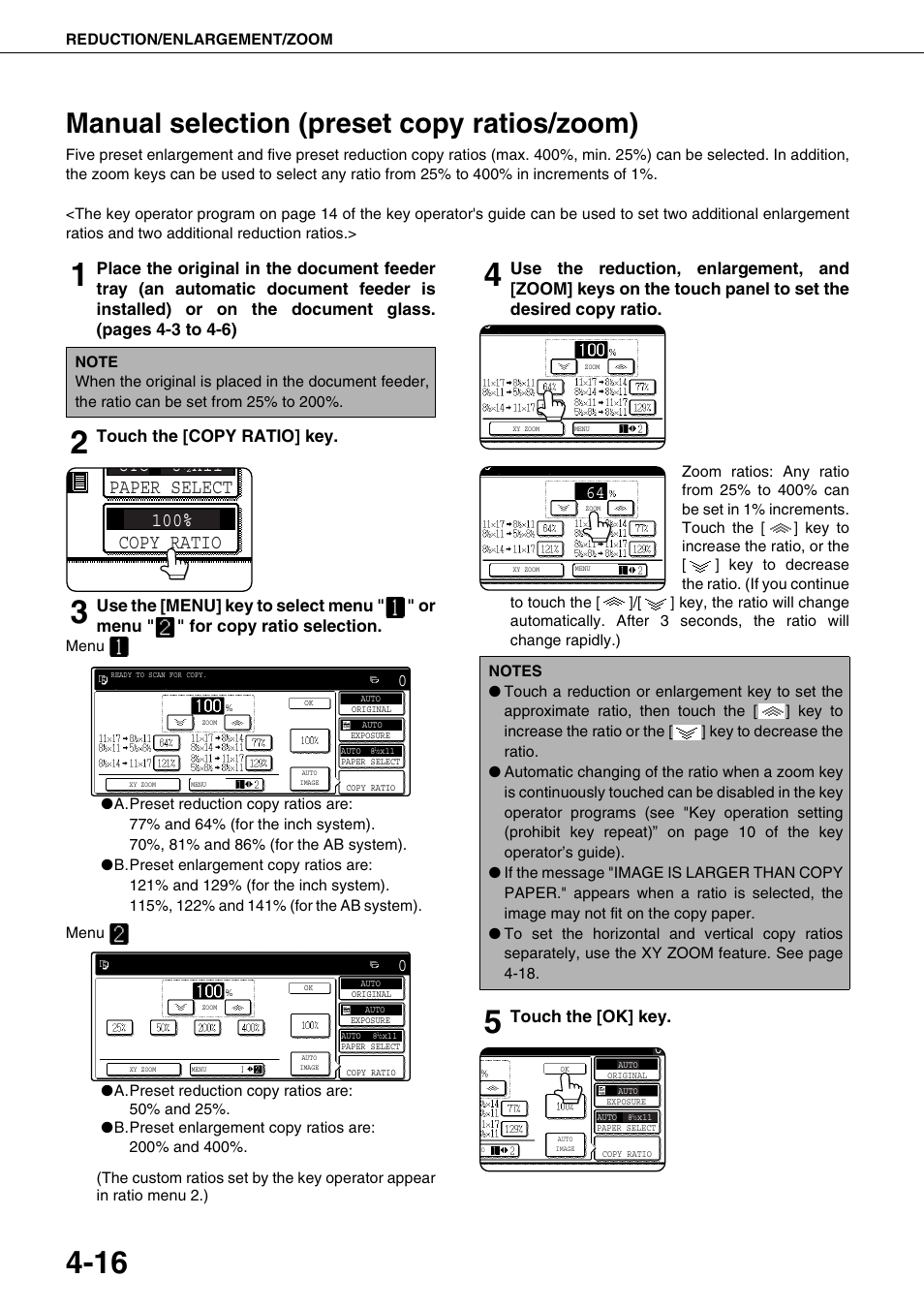 Manual selection (preset copy ratios/zoom), Ge 4-16), Paper select copy ratio | Touch the [copy ratio] key, Touch the [ok] key | Sharp AR-M700N User Manual | Page 92 / 172