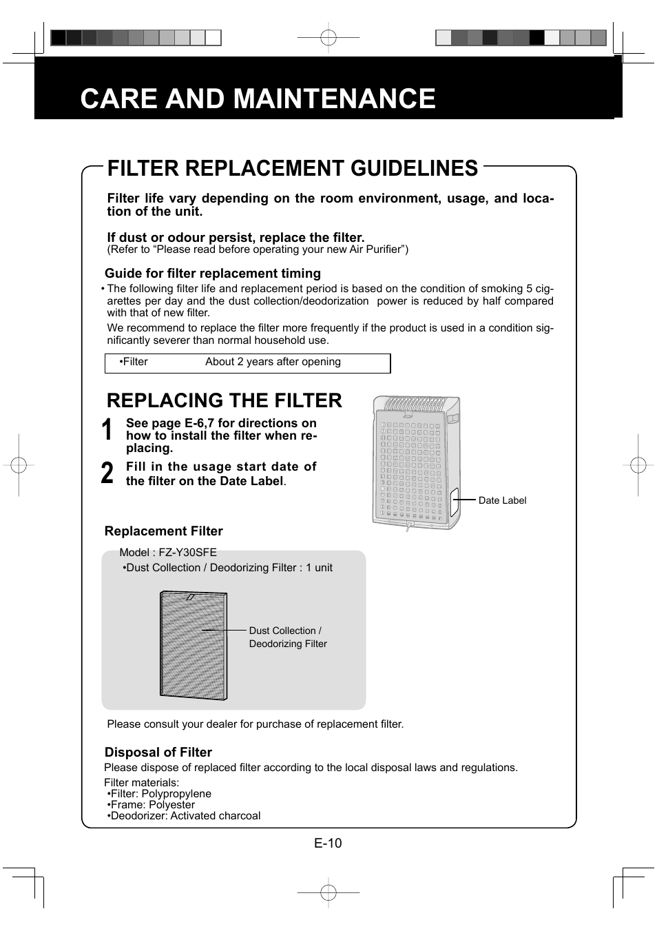 Care and maintenance, Filter replacement guidelines, Replacing the filter | Sharp FU-Y30EU User Manual | Page 12 / 113