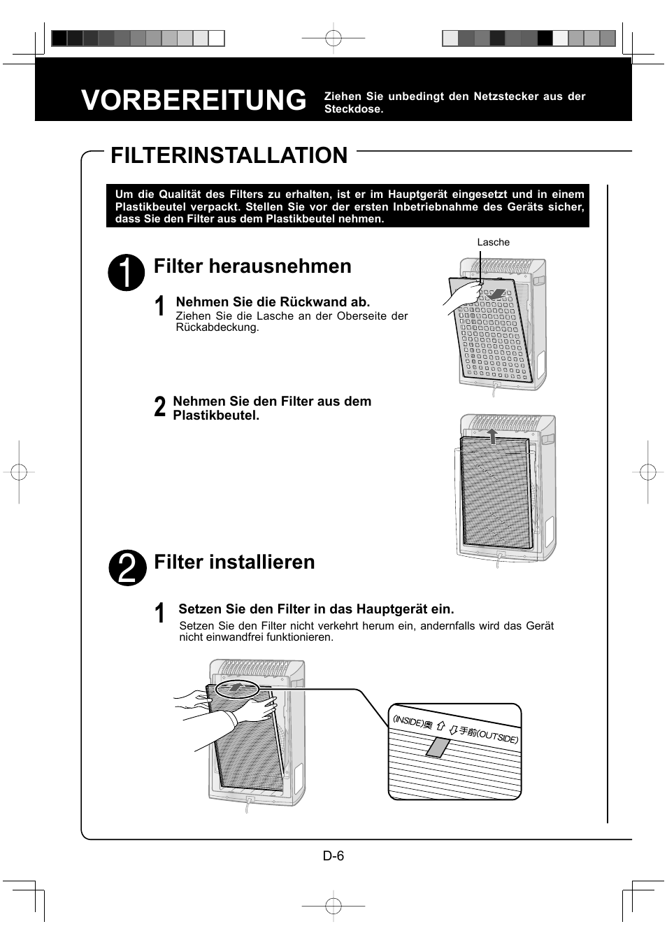 Vorbereitung, Filterinstallation | Sharp FU-Y30EU User Manual | Page 22 / 113
