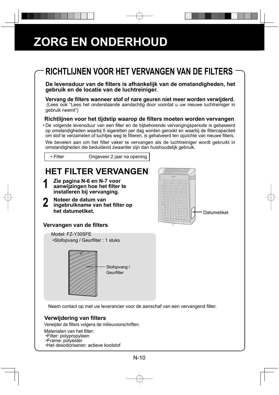 Zorg en onderhoud, Richtlijnen voor het vervangen van de filters, Het filter vervangen | Sharp FU-Y30EU User Manual | Page 54 / 113