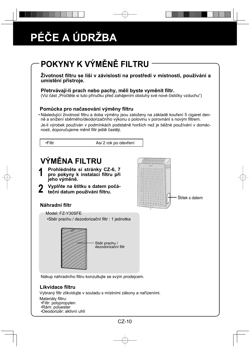 Péče a údržba, Pokyny k výměně filtru, Výměna filtru | Sharp FU-Y30EU User Manual | Page 68 / 113