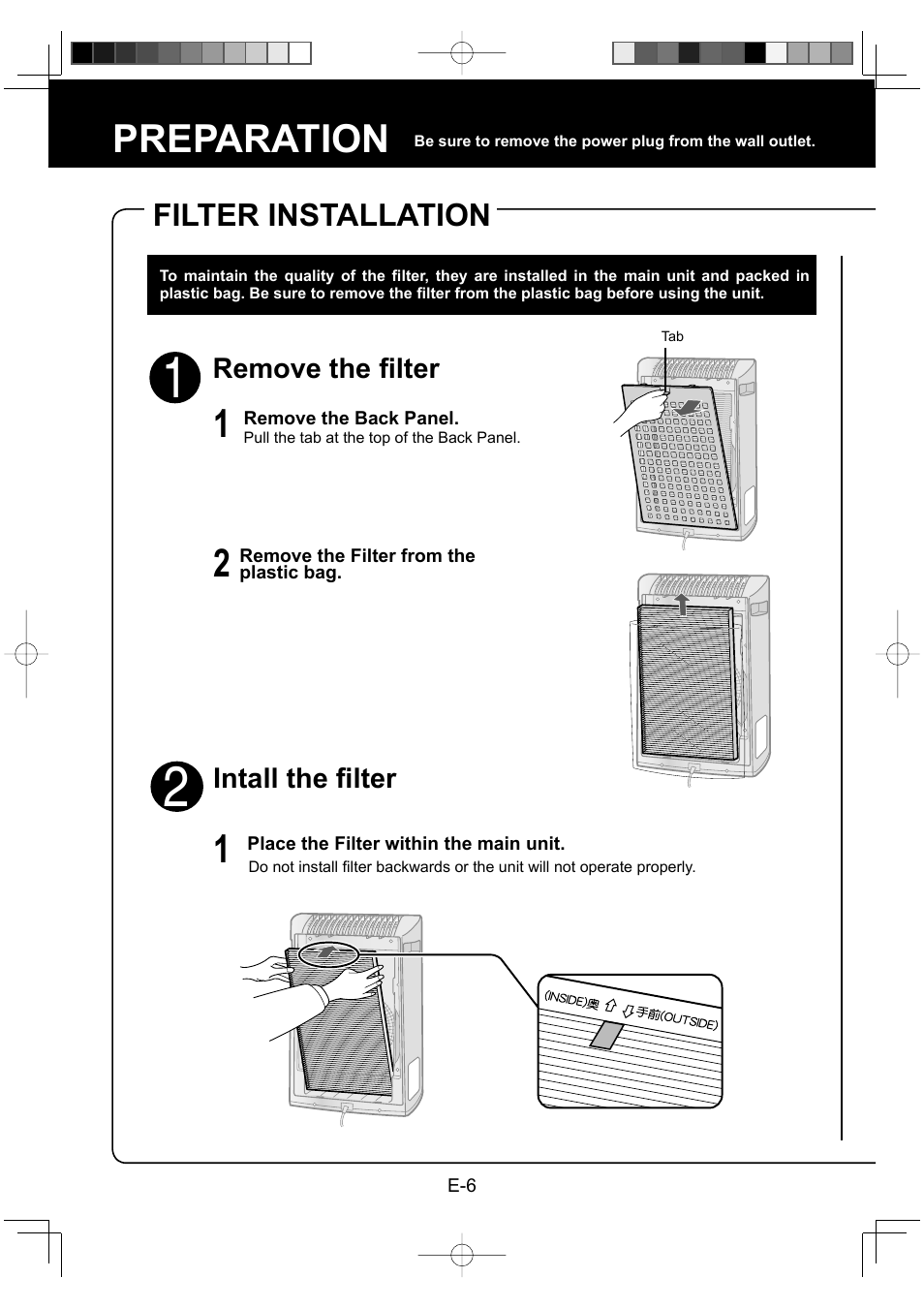 Preparation, Filter installation | Sharp FU-Y30EU User Manual | Page 8 / 113