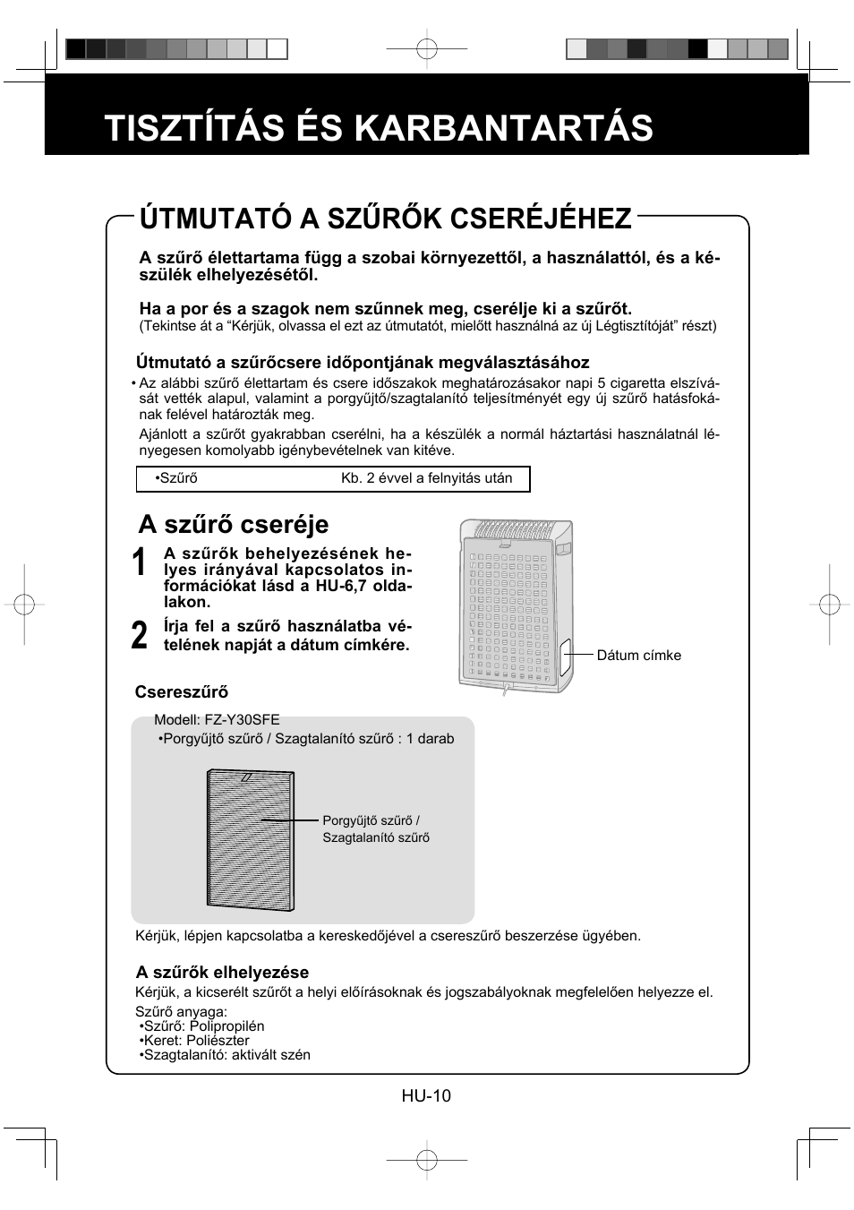 Tisztítás és karbantartás, Útmutató a szűrők cseréjéhez, A szűrő cseréje | Sharp FU-Y30EU User Manual | Page 96 / 113