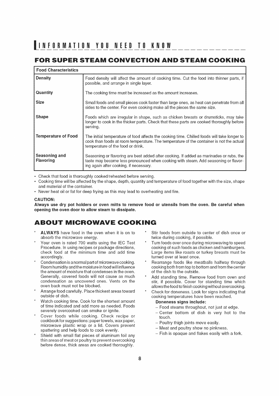 For super steam convection and steam cooking, Caution, About microwave cooking | Li 1 lyjl l“j _l"j _™jj iji jji j | Sharp AX-1200 User Manual | Page 10 / 43