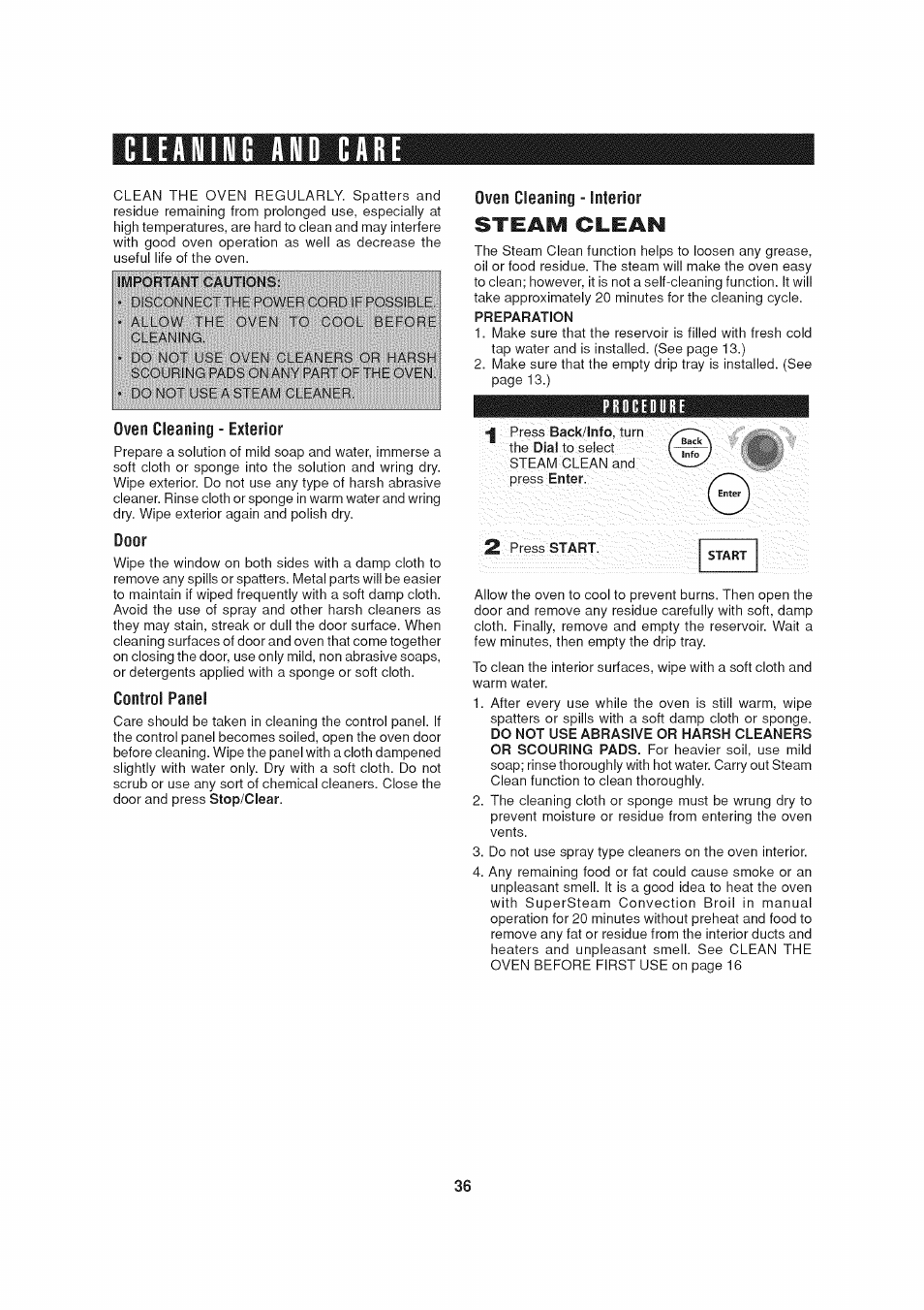 Cleaning and care, Important cautions, Oven cleaning - exterior | Door, Control panel, Oven cleaning - interior steam clean, Procedure, Important instructions -15, Cleaning and care -37 | Sharp AX-1200 User Manual | Page 38 / 43