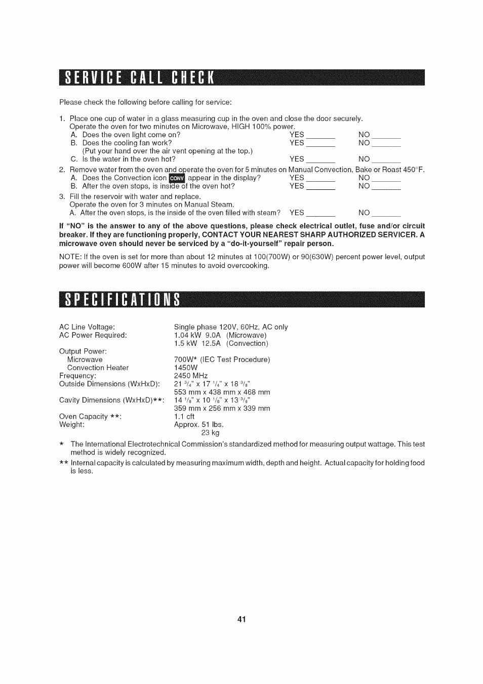 Service call check, Specifications | Sharp AX-1200 User Manual | Page 43 / 43