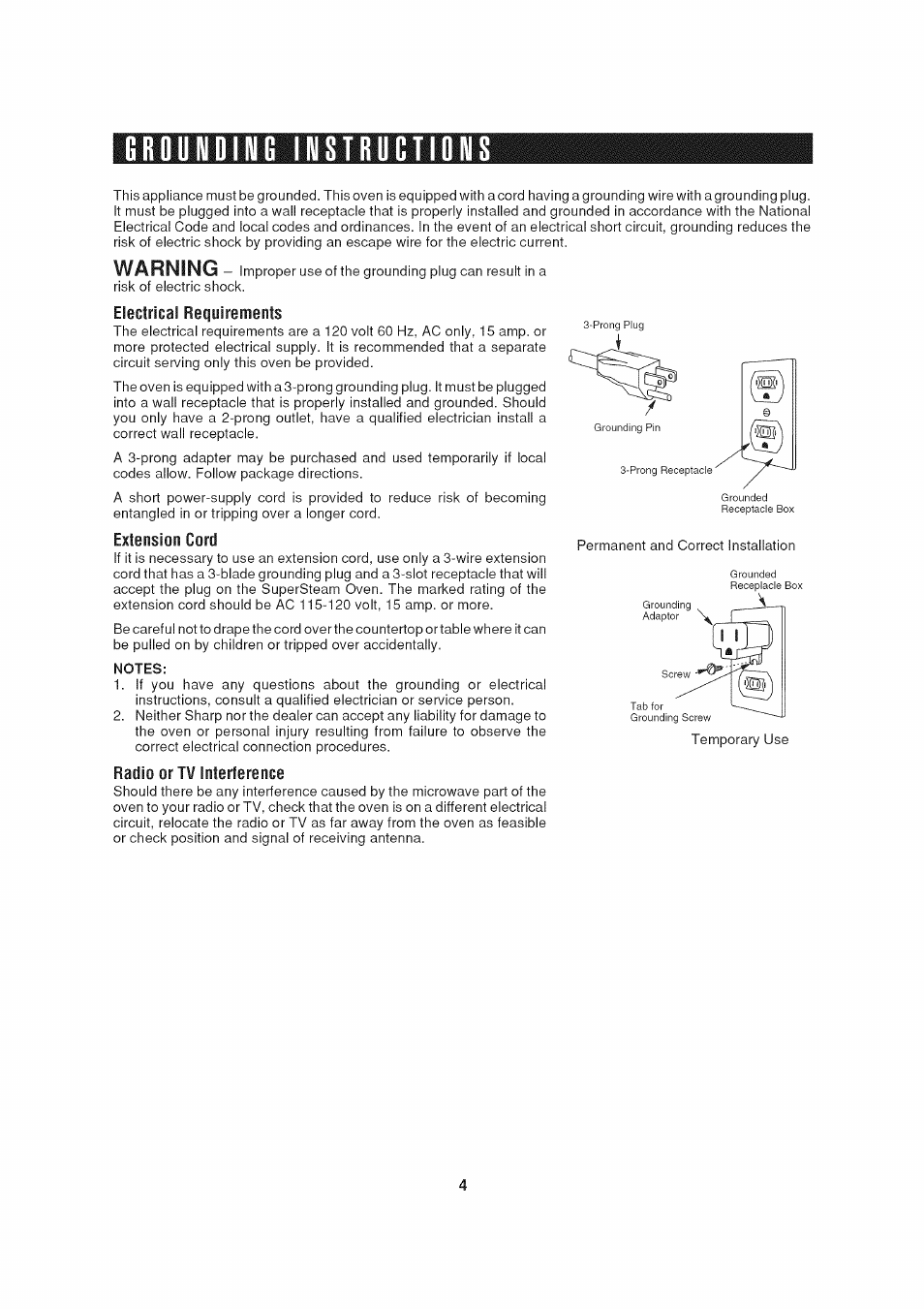 Grounding ingtructiong, Electrical requirements, Extension cord | Notes, Radio or tv interference, Grounding instructions, Warning | Sharp AX-1200 User Manual | Page 6 / 43