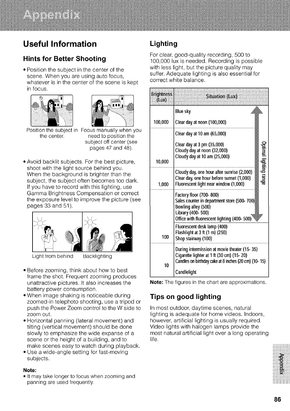 Note, F t a, I ' j | Useful information, Ш. a, Lighting, Hints for better shooting, Tips on good lighting | Sharp VIEWCAM VL-WD650U User Manual | Page 101 / 120