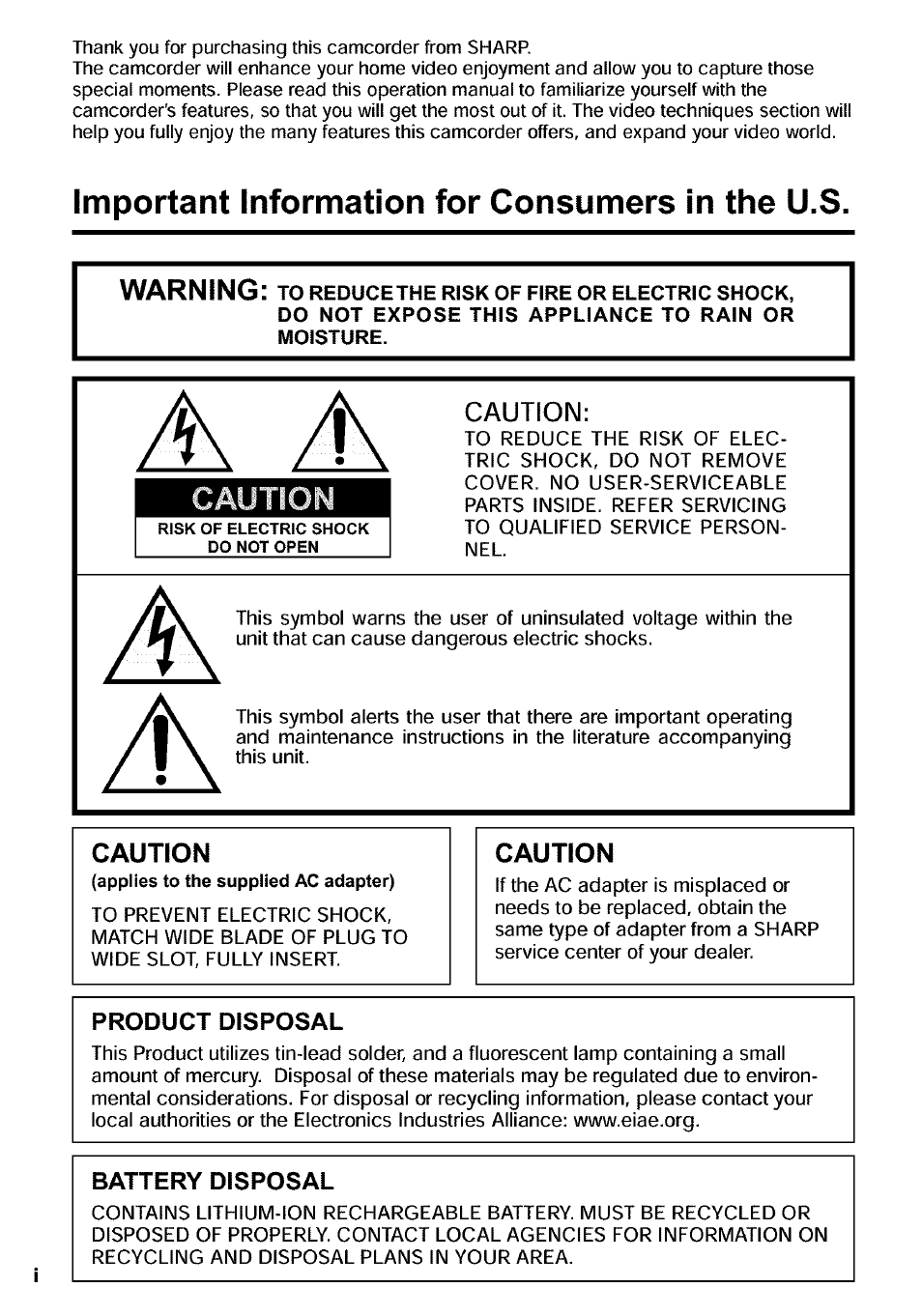 Caution, Applies to the supplied ac adapter) | Sharp VIEWCAM VL-WD650U User Manual | Page 2 / 120