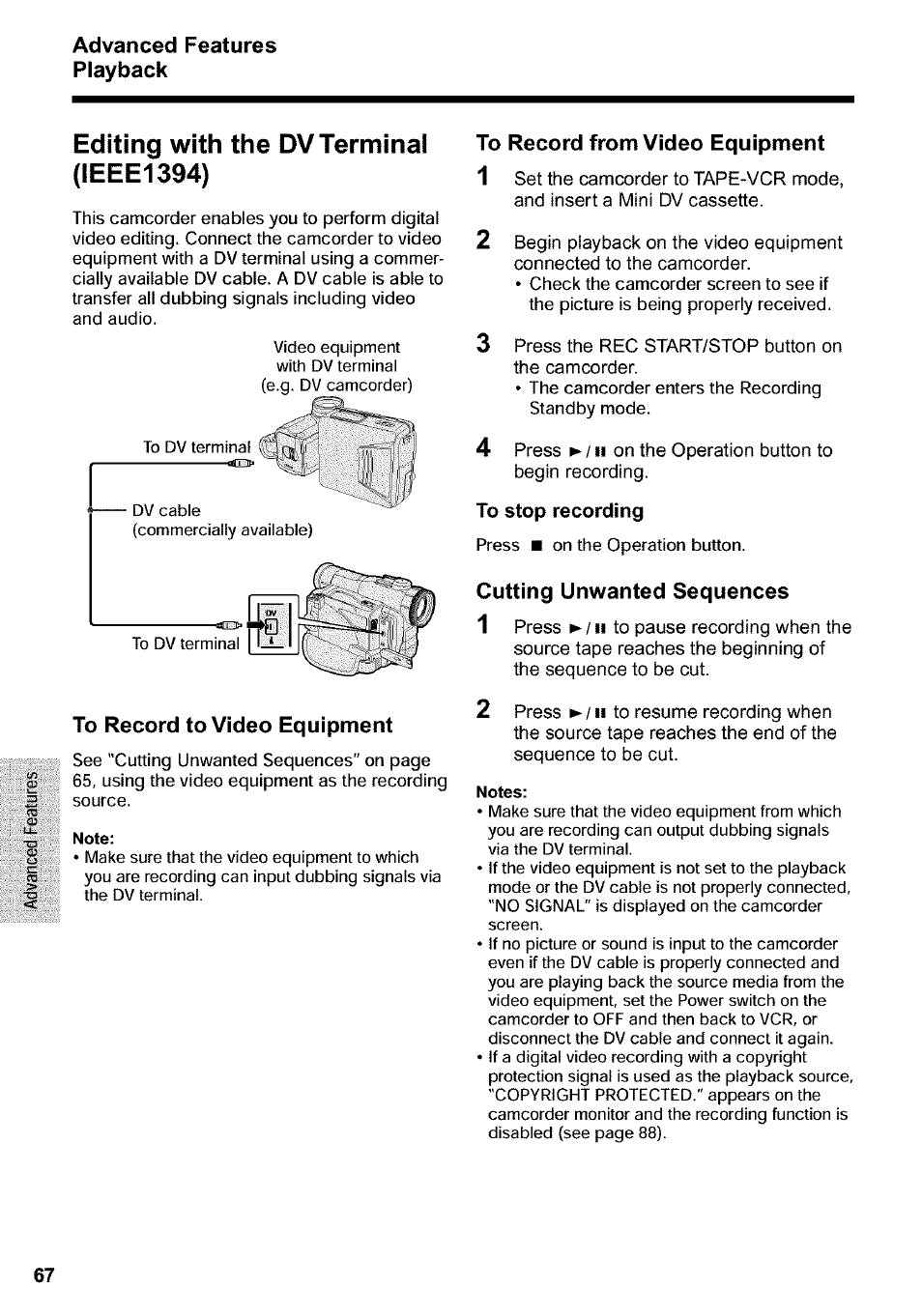Editing with the dv terminal (ieee1394), Note, To stop recording | Notes | Sharp VIEWCAM VL-WD650U User Manual | Page 82 / 120