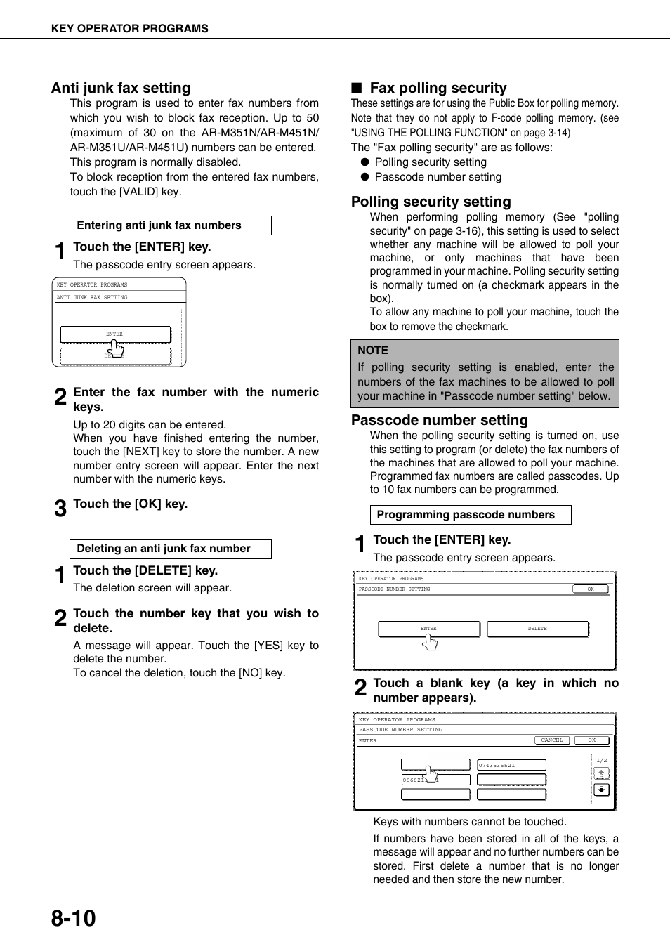 Anti junk fax setting, Fax polling security, Polling security setting | Passcode number setting | Sharp MX-M350U User Manual | Page 100 / 110