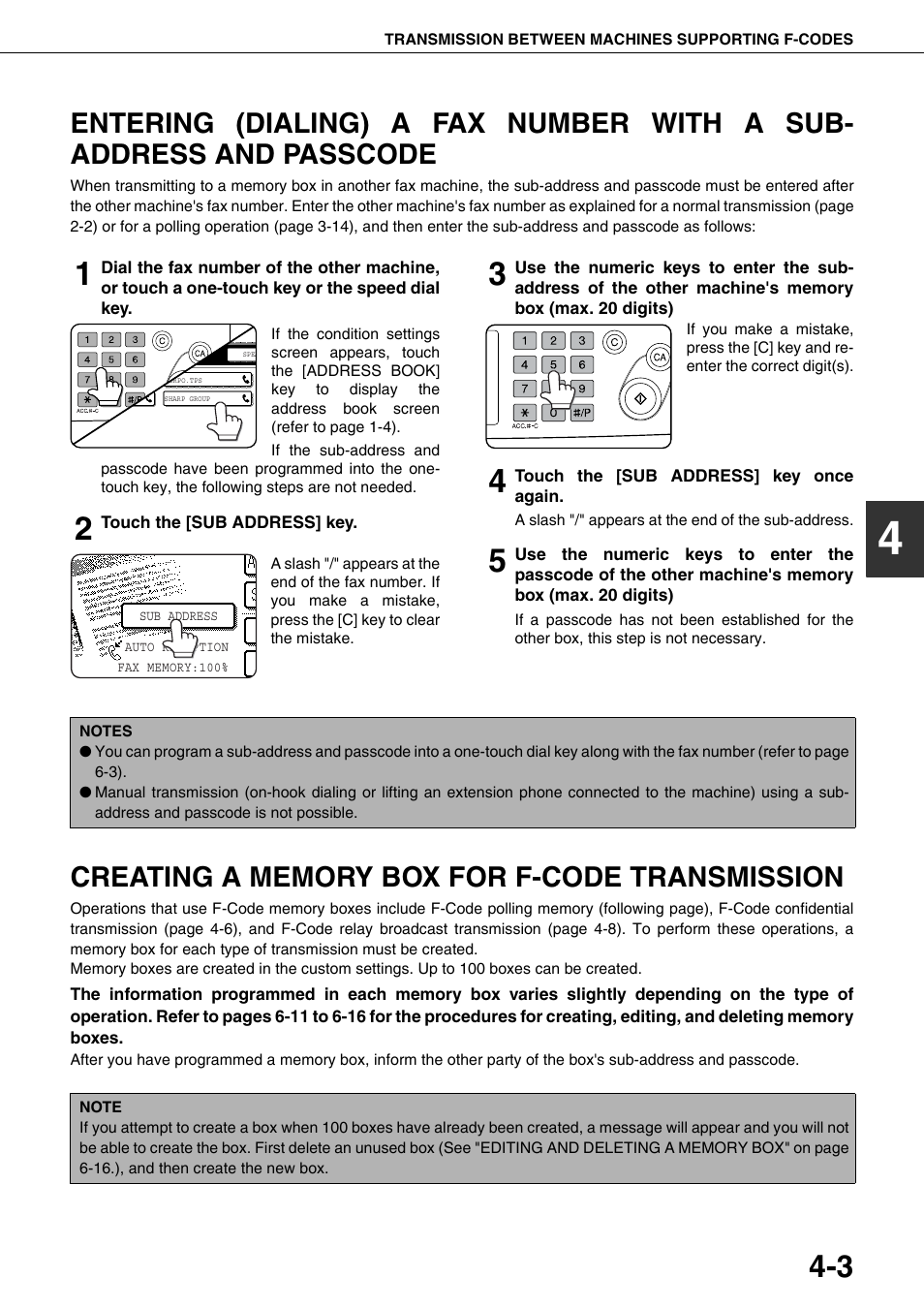 Entering (dialing) a fax number with a, Sub-address and passcode, 3 creating a memory box for f-code | Transmission, E 4-3), 3 creating a memory box for f-code transmission | Sharp MX-M350U User Manual | Page 59 / 110