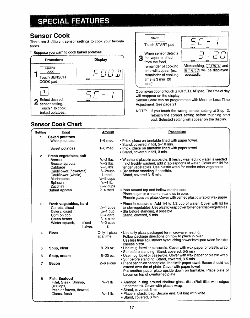 Sensor cook, Special features, Sensor cook chart | Sharp R-9H84B User Manual | Page 19 / 28