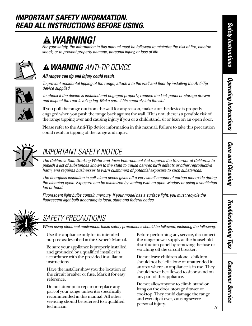 Anti-tip device, Safety precautions, Safety precautions , 4 | Warning, Warning anti-tip device important safety notice | Sharp JB940 User Manual | Page 3 / 40