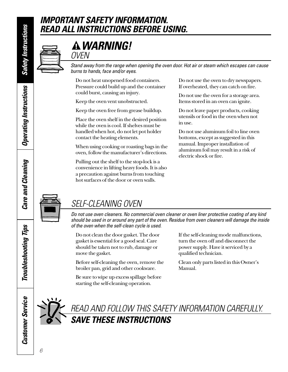 Oven, Warning, Self-cleaning oven | Sharp JB940 User Manual | Page 6 / 40