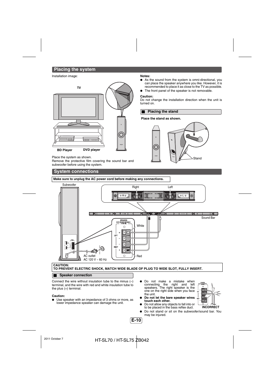 Placing the system, Placing the stand, System connections | Speaker connection, E-10 | Sharp HT-SL75 User Manual | Page 11 / 16