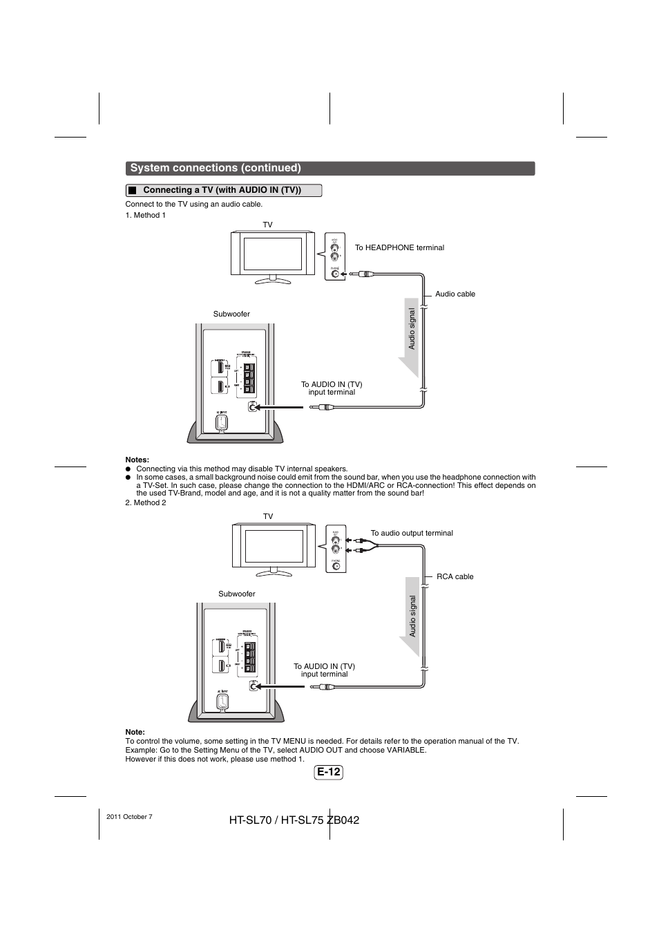 Connecting a tv (with audio in (tv)), E-12, System connections (continued) | Sharp HT-SL75 User Manual | Page 13 / 16