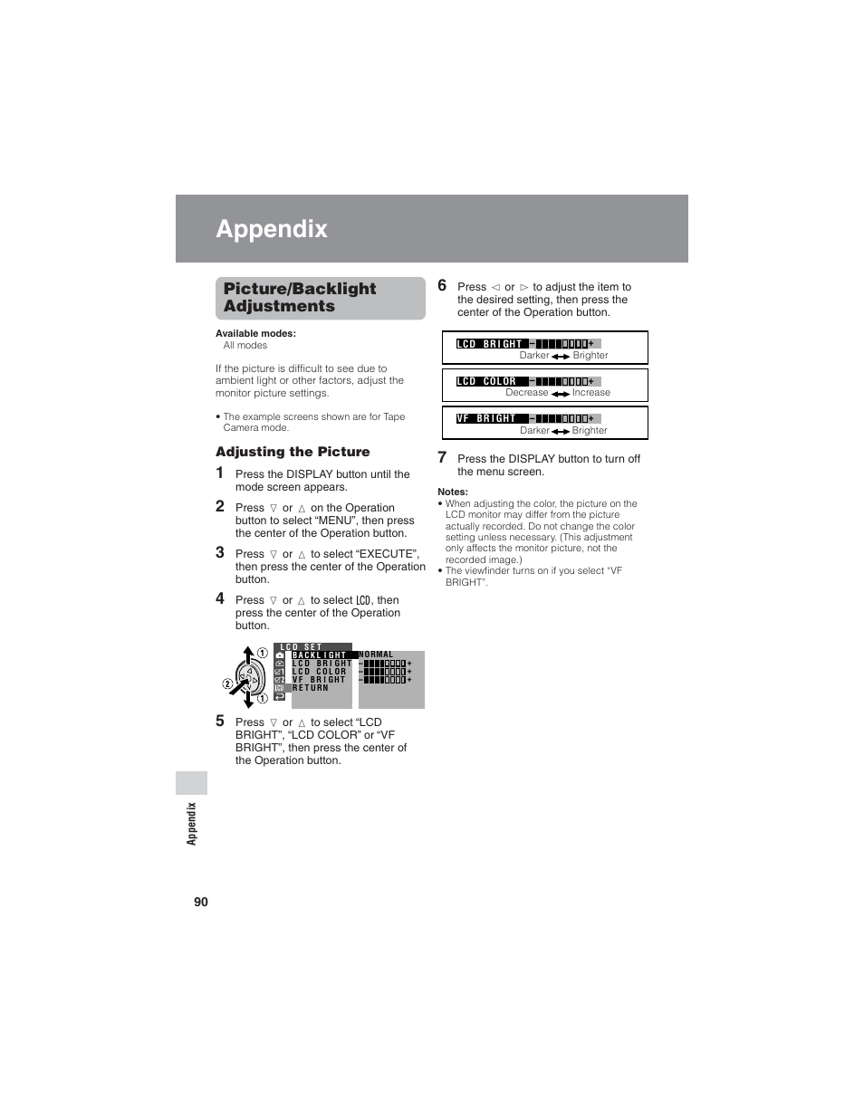 Appendix, Picture/backlight adjustments | Sharp VL-Z7U User Manual | Page 104 / 140