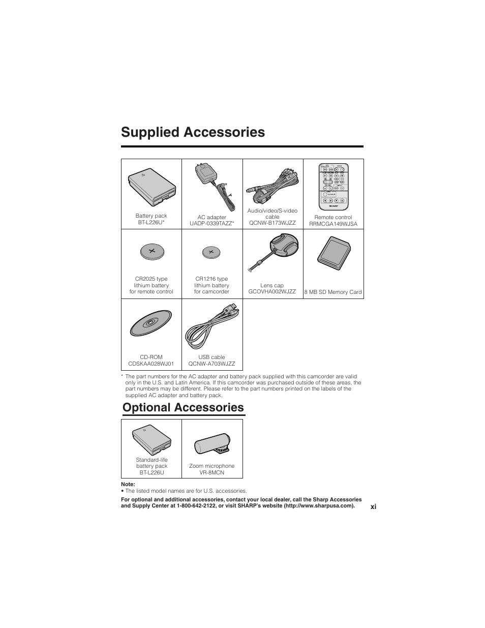Supplied accessories, Optional accessories | Sharp VL-Z7U User Manual | Page 11 / 140