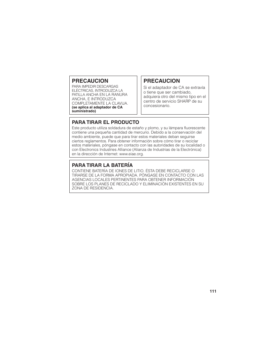 Precaucion | Sharp VL-Z7U User Manual | Page 125 / 140