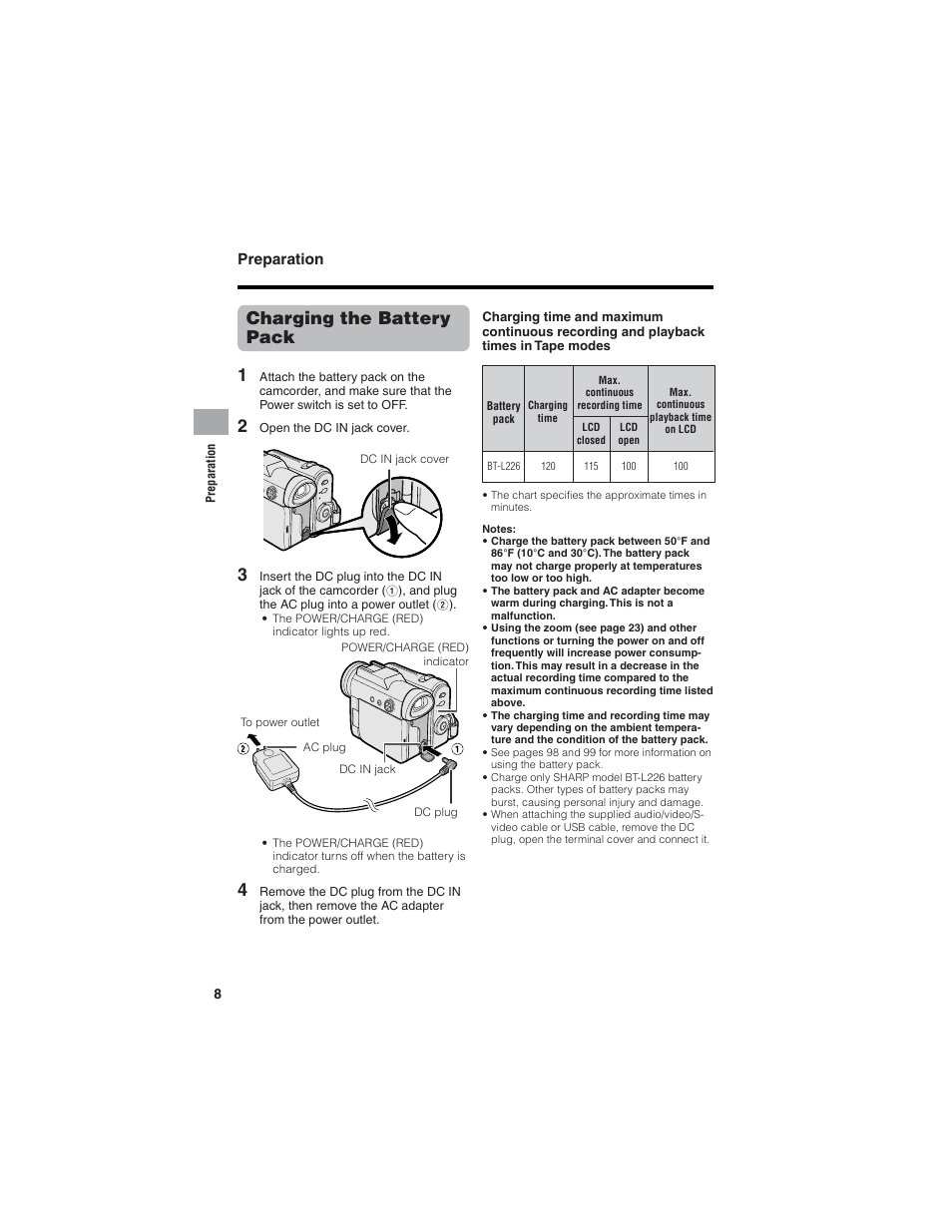 Charging the battery pack 1, Preparation | Sharp VL-Z7U User Manual | Page 22 / 140