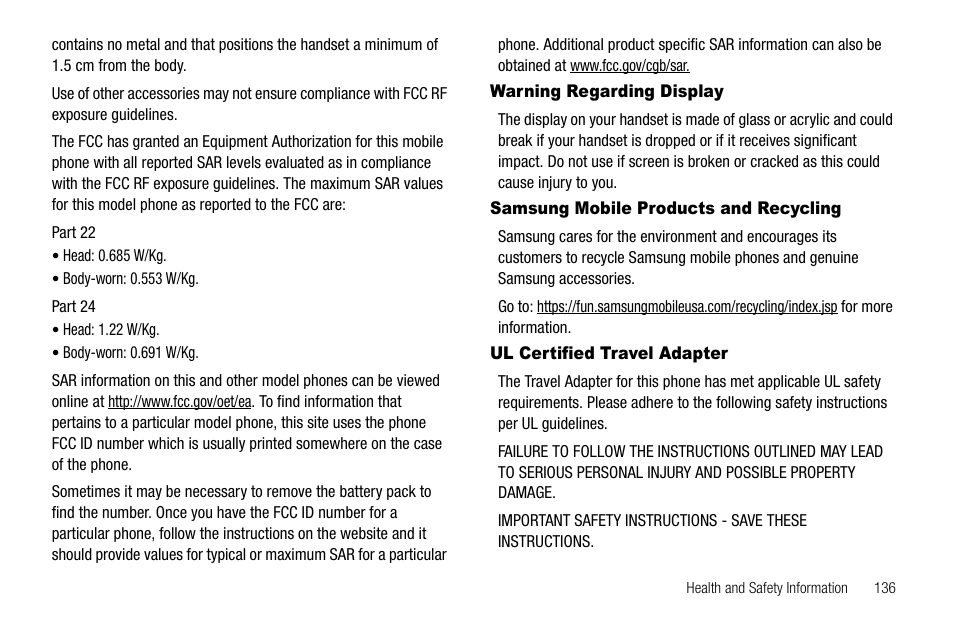 Warning regarding display, Samsung mobile products and recycling, Ul certified travel adapter | Sharp R520_CJ16_MM_111009_F4 User Manual | Page 139 / 169
