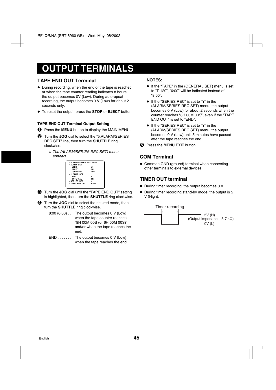 Output terminals, Tape end out terminal, Com terminal | Timer out terminal | Sharp SRT-8040 User Manual | Page 46 / 56