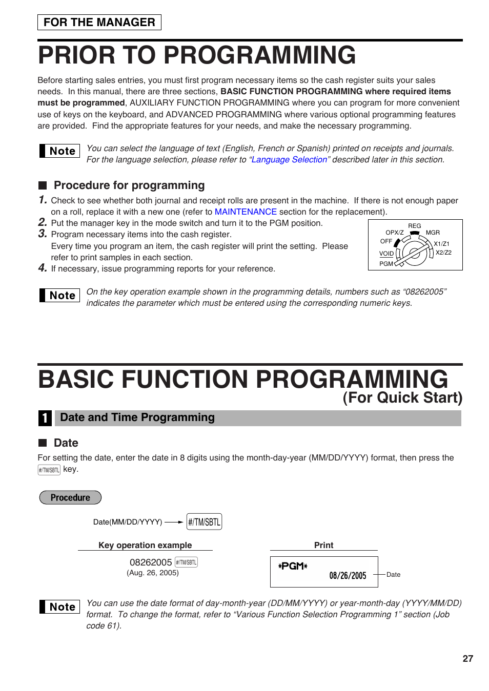 Prior to programming, Procedure for programming, Basic function programming (for quick start) | 1 date and time programming, Date, For the manager, And for programming, refer to, Programming, Basic function programming, For quick start) | Sharp Electronic Cash Register XE-A40S User Manual | Page 29 / 116