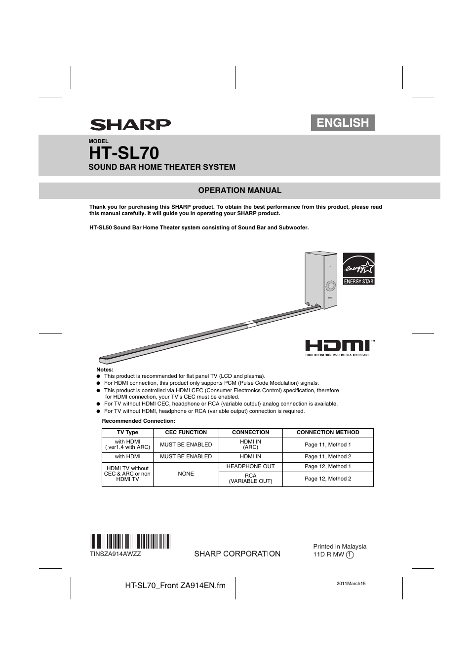 Sharp HTSL70 User Manual | 16 pages