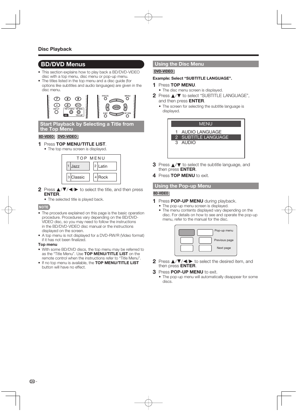 Bd/dvd menus | Sharp Aquos LC 46BD80UN User Manual | Page 26 / 65