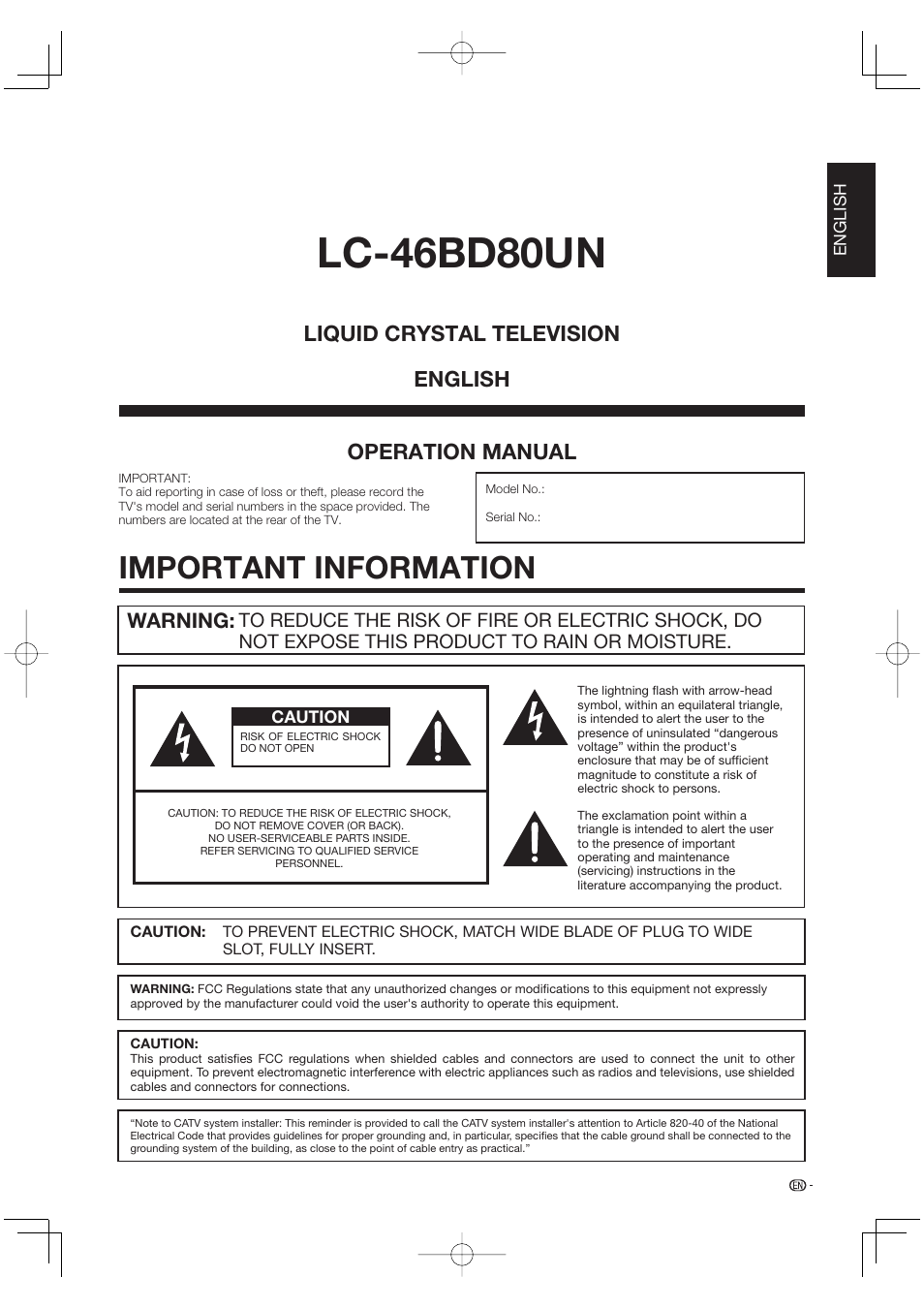 Important information, Lc-46bd80un, Operation manual | Liquid crystal television english, Warning | Sharp Aquos LC 46BD80UN User Manual | Page 3 / 65