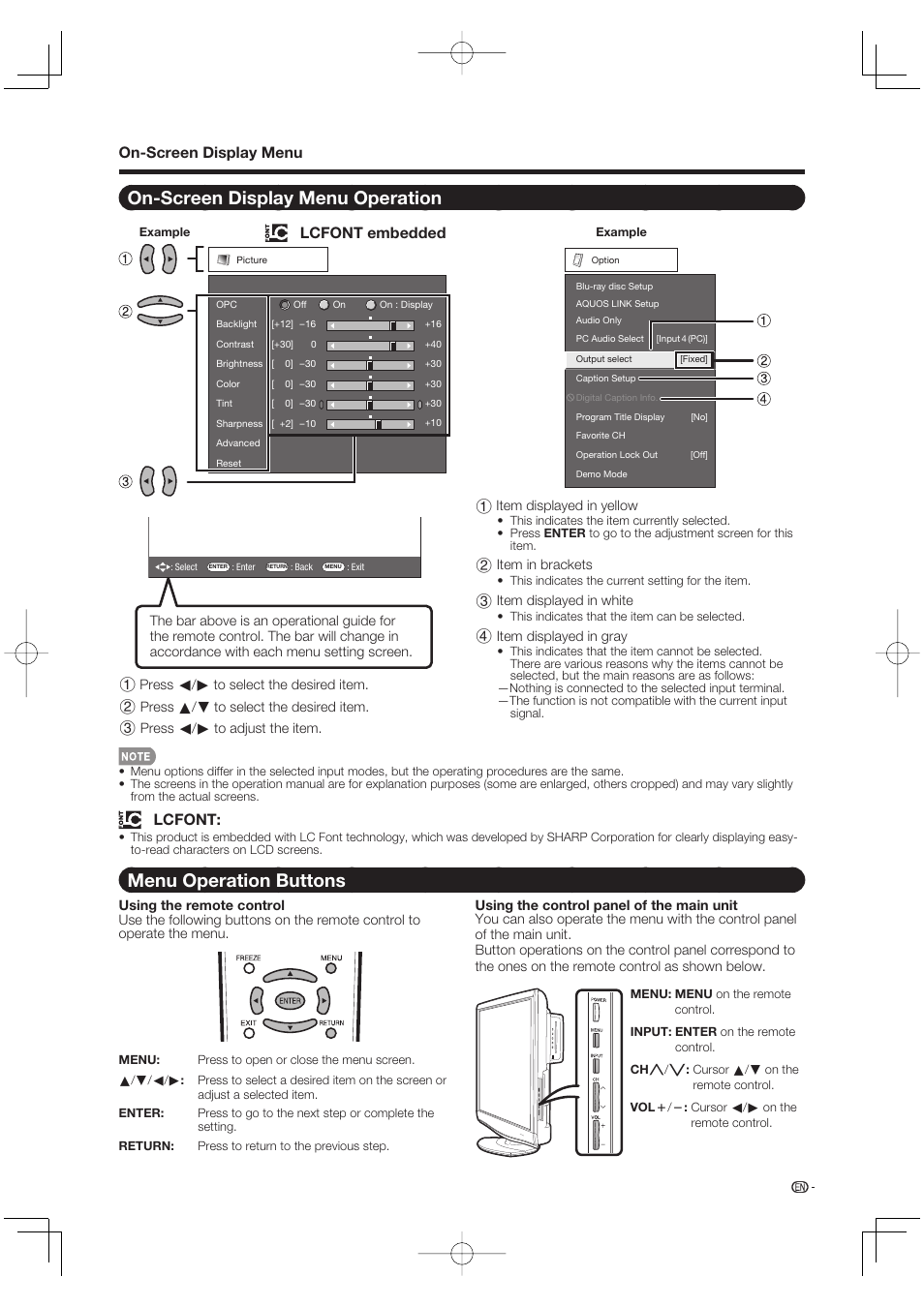 On-screen display menu operation, Menu operation buttons, On-screen display menu | Lcfont, Lcfont embedded | Sharp Aquos LC 46BD80UN User Manual | Page 33 / 65