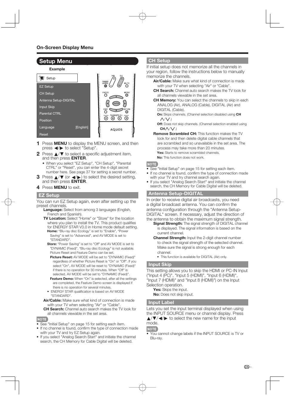 Setup menu, Ez setup, Ch setup | Antenna setup-digital, Input skip, Input label | Sharp Aquos LC 46BD80UN User Manual | Page 37 / 65