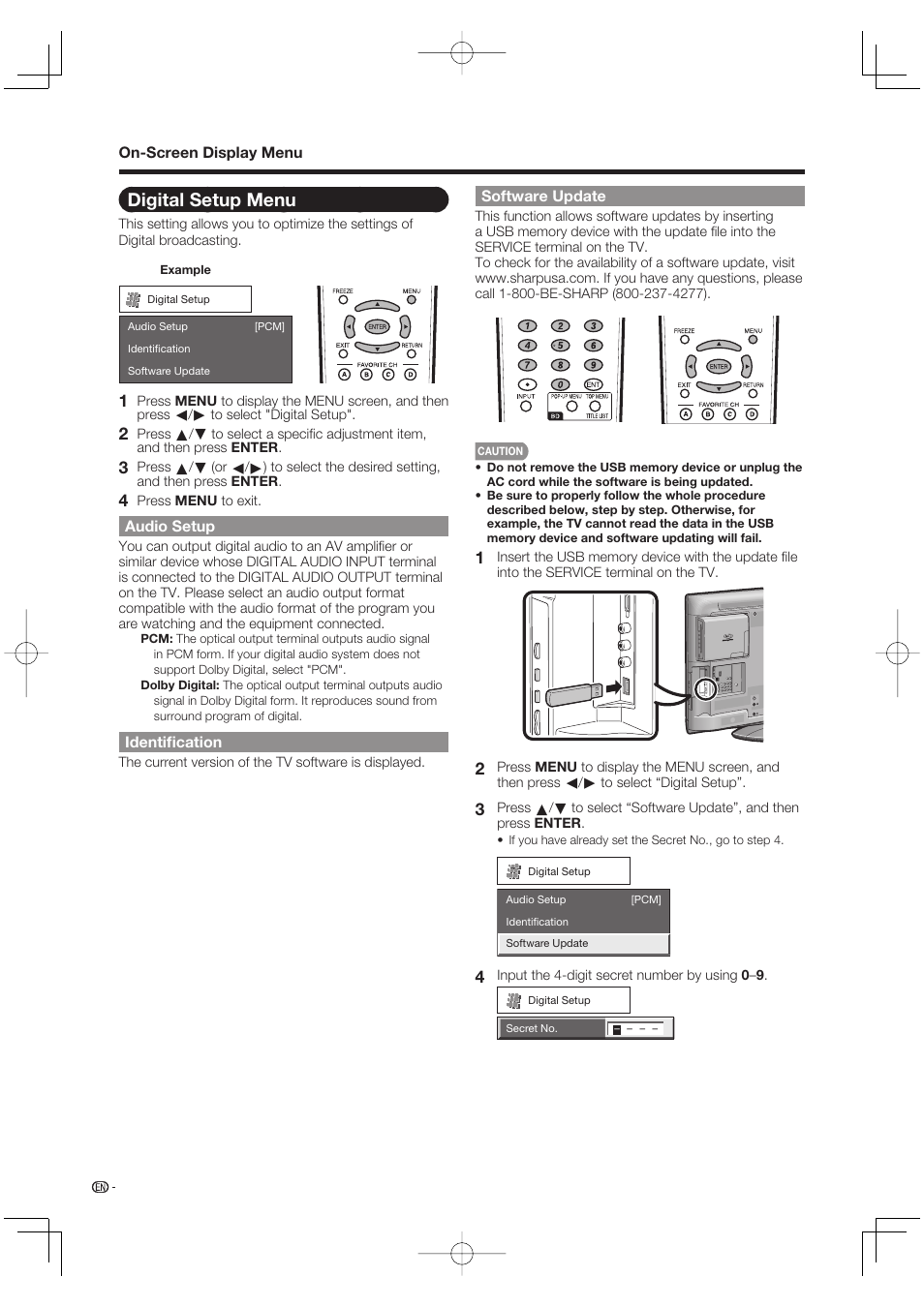Digital setup menu, Audio setup, Identification | Software update | Sharp Aquos LC 46BD80UN User Manual | Page 48 / 65