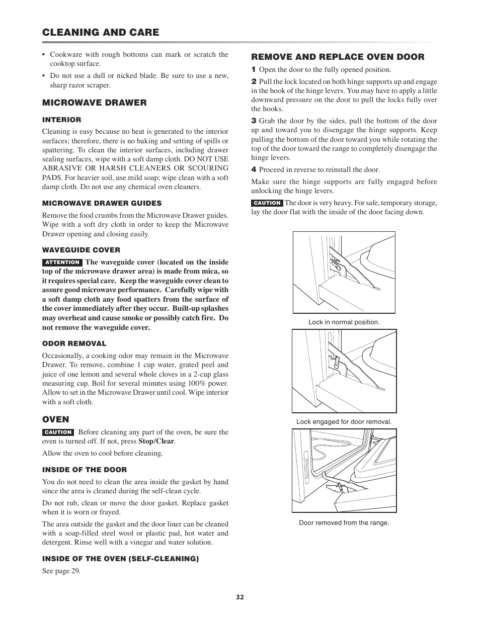 Ve drawer oven remove and replace oven door, Cleaning and care | Sharp KB-3411J User Manual | Page 32 / 40