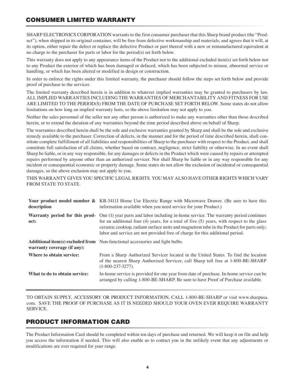 Consumer limited warranty, Product information card | Sharp KB-3411J User Manual | Page 4 / 40